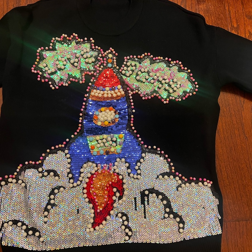 Black Sequin Rocket Jogger Set — Sweater + Pants — Size Medium